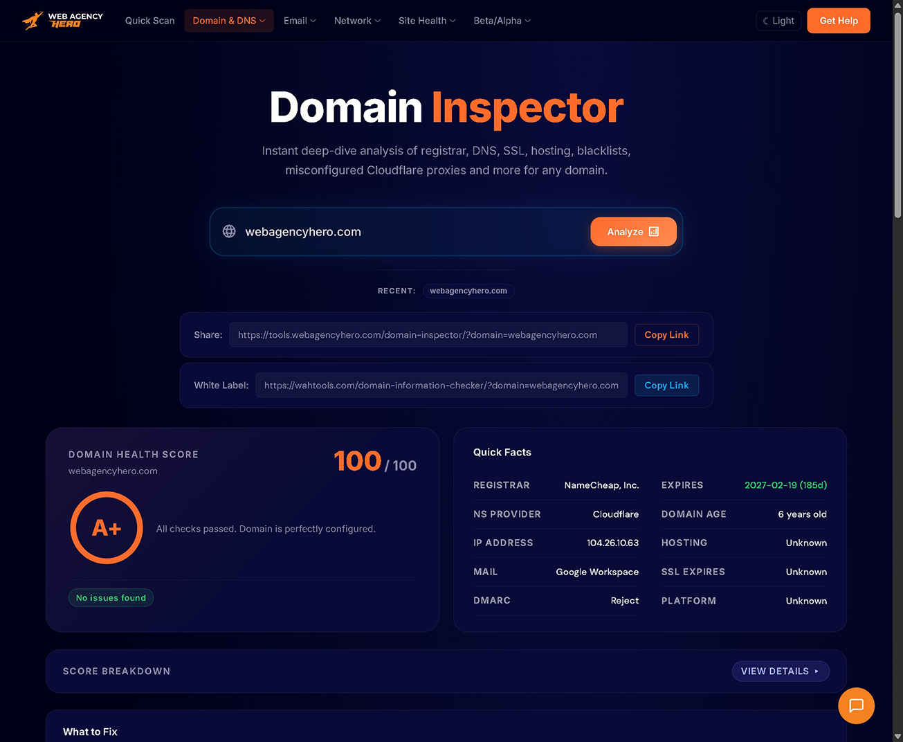 Web Agency Hero branded domain inspector
