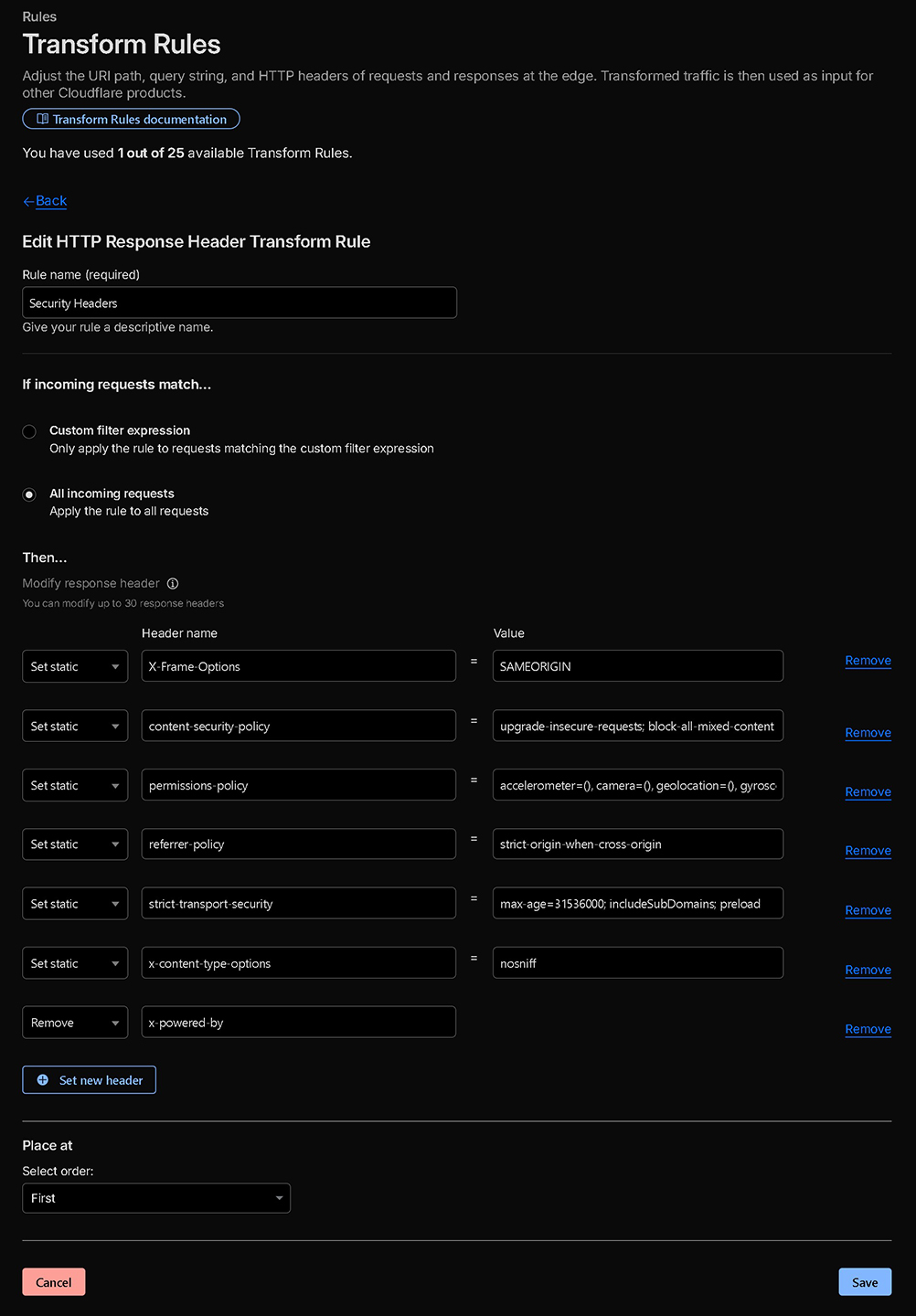 Cloudflare Transform Rules example